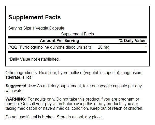 Swanson Multivitamin PQQ 20mg Vegan Capsules back view with ingredient list