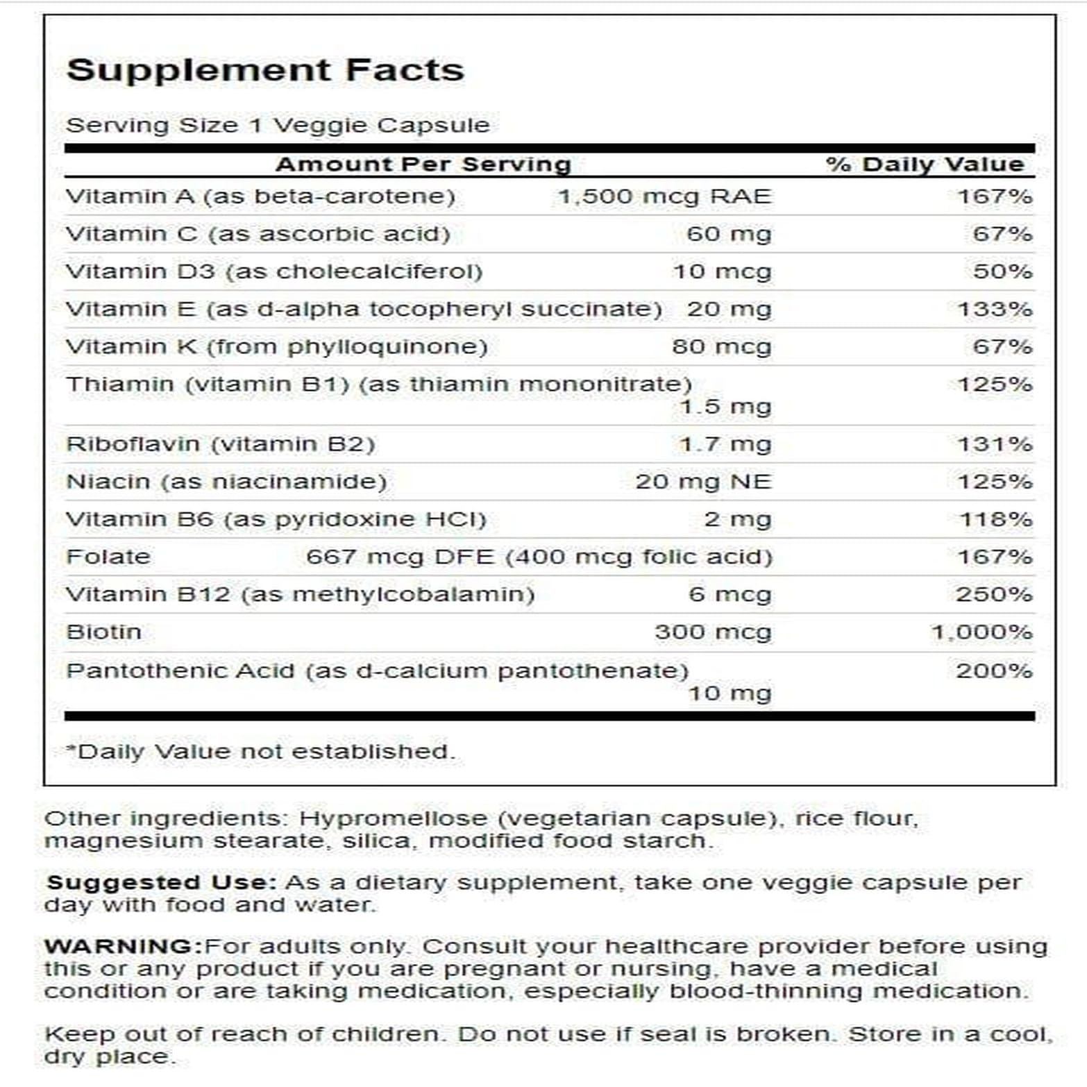 Swanson Multivitamin Supplement back view with ingredient list