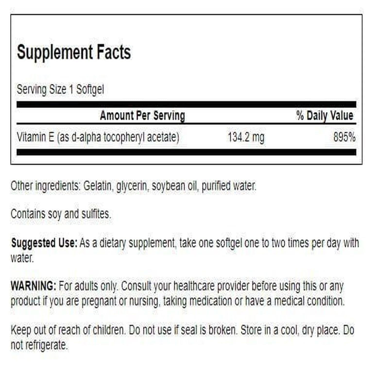 Swanson Natural Vitamin E 134.2mg capsules in a clear bottle