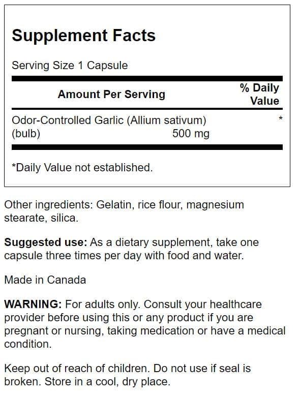 Swanson Odor-Controlled Garlic 500 mg supplement side view