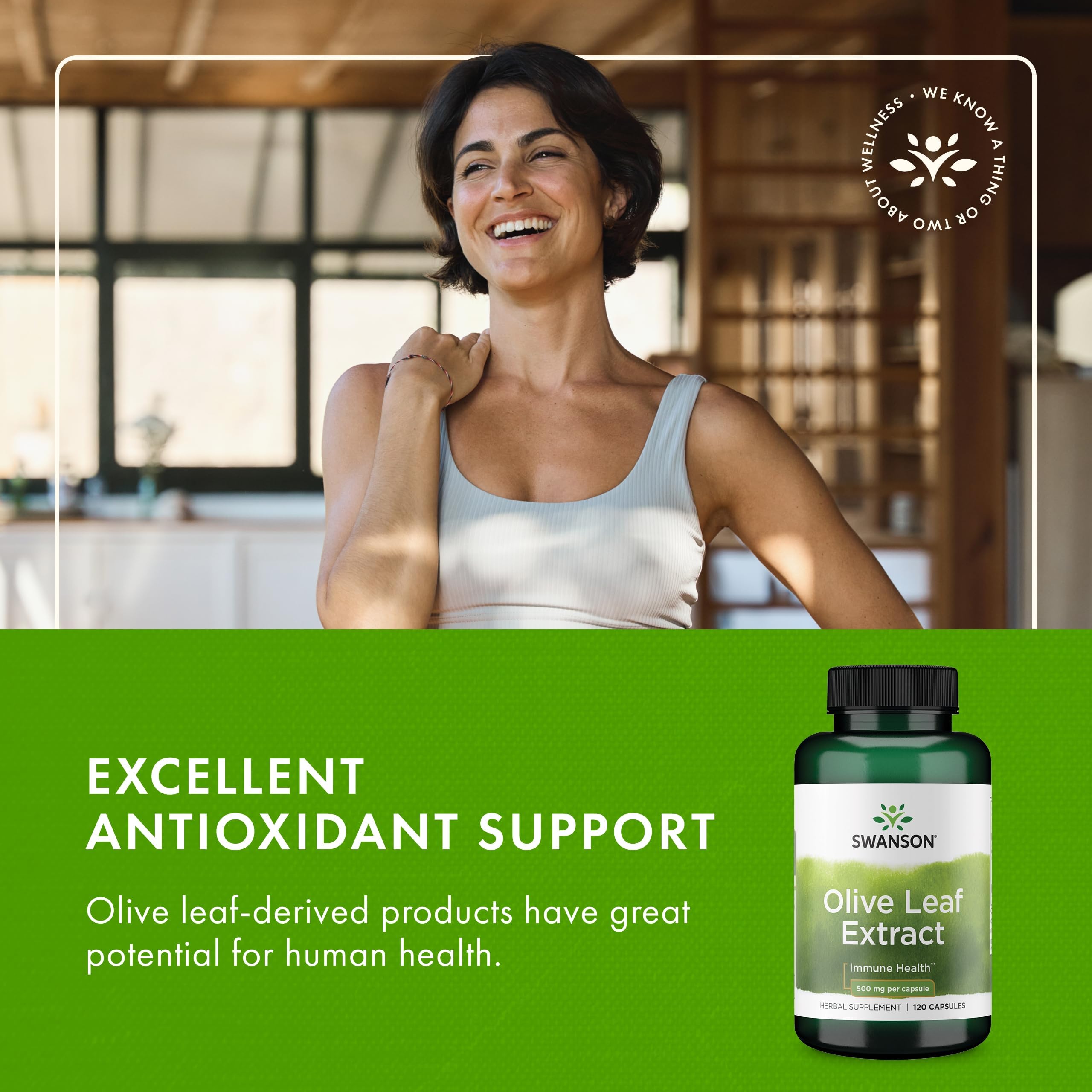 Swanson Olive Leaf Extract 500mg capsules on a wooden table