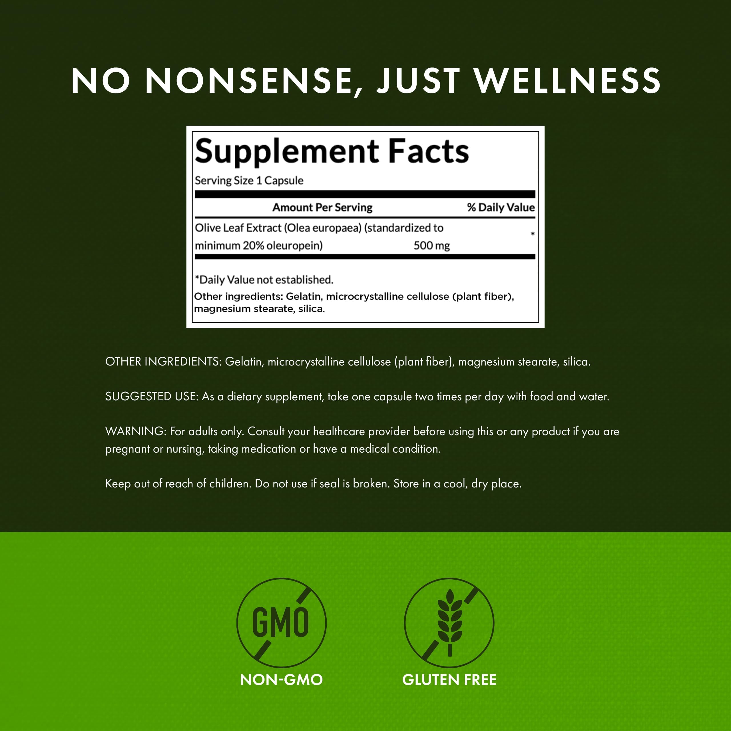 Swanson Olive Leaf Extract 500mg capsules side view