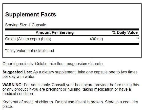 Swanson Onion 400mg herbal supplement capsules packaging side view