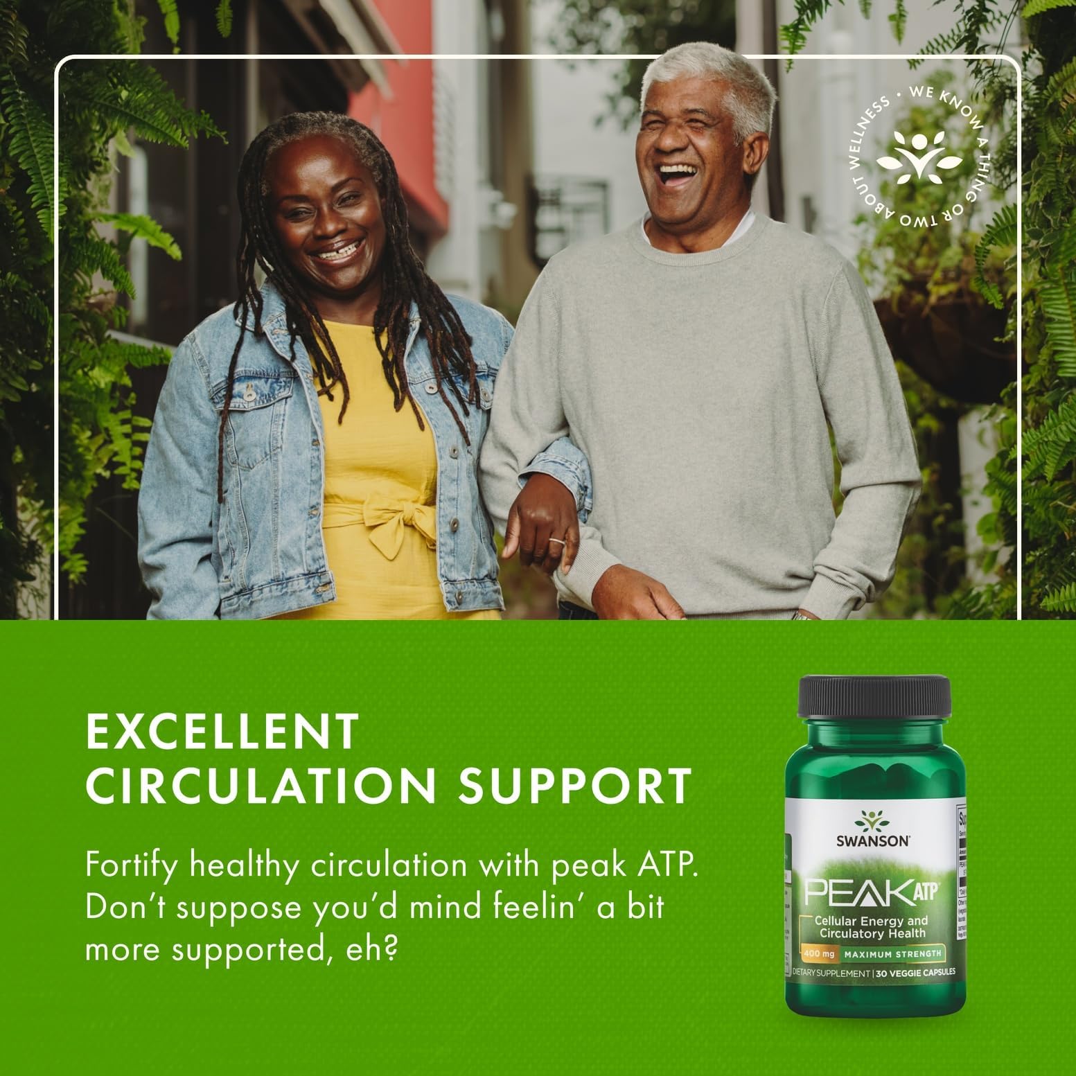 Swanson Peak ATP 400mg supplement on a wooden table