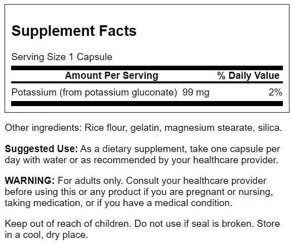 Swanson Potassium Supplement 99mg side view showing ingredients