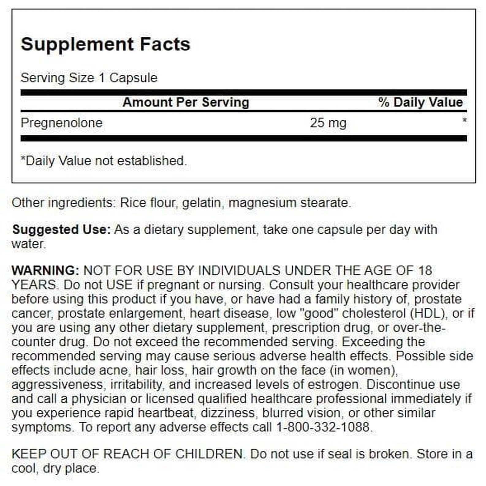 Swanson Pregnenolone 25 mg Capsules side view showing capsule details