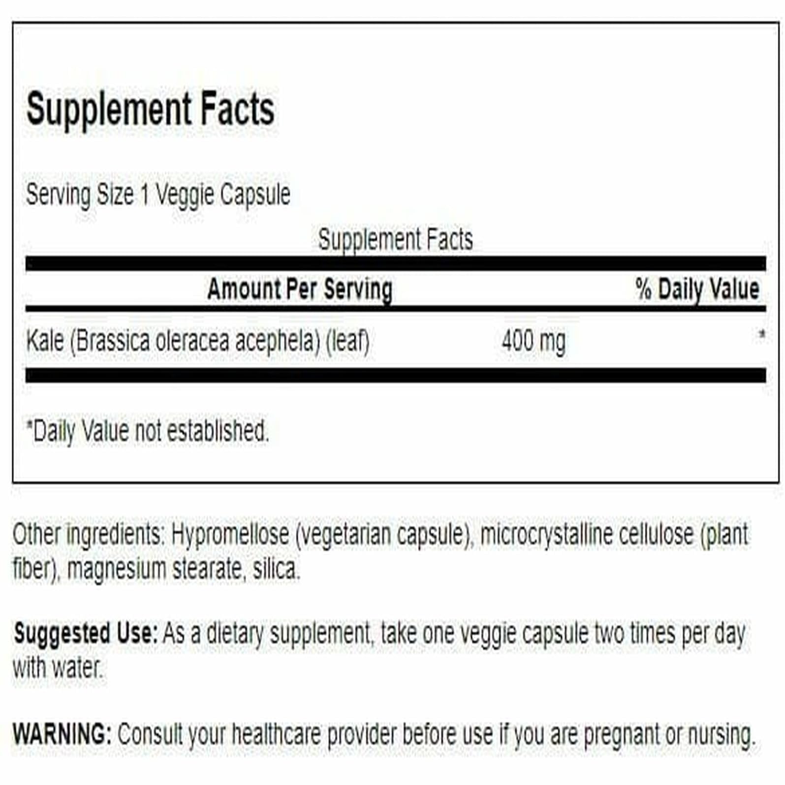 Swanson Premium Brand Full Spectrum Kale Capsules 400mg bottle with label
