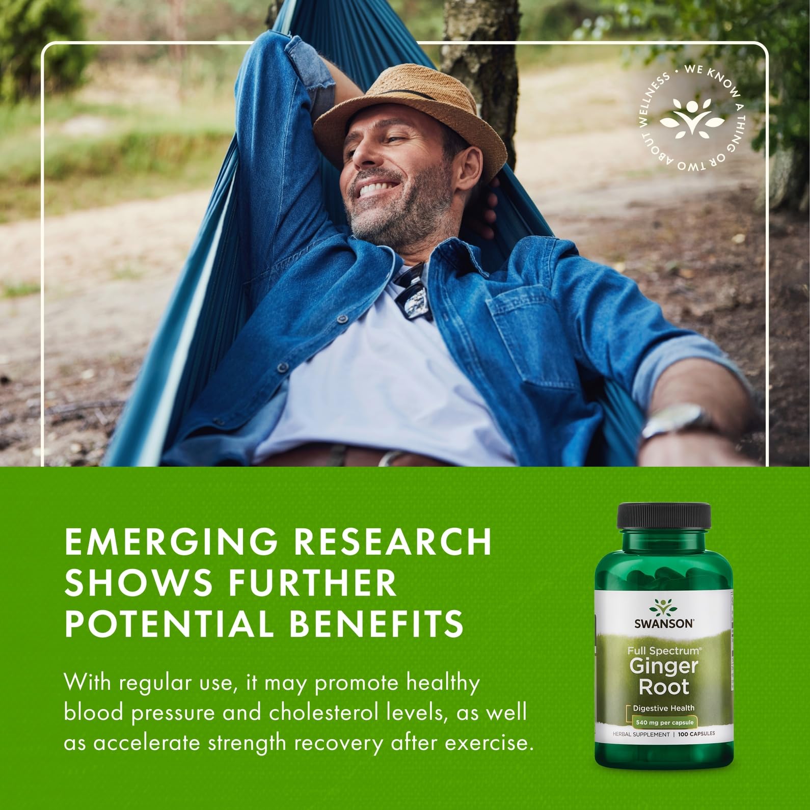 Swanson Premium Brand Ginger Root Capsules on a wooden table