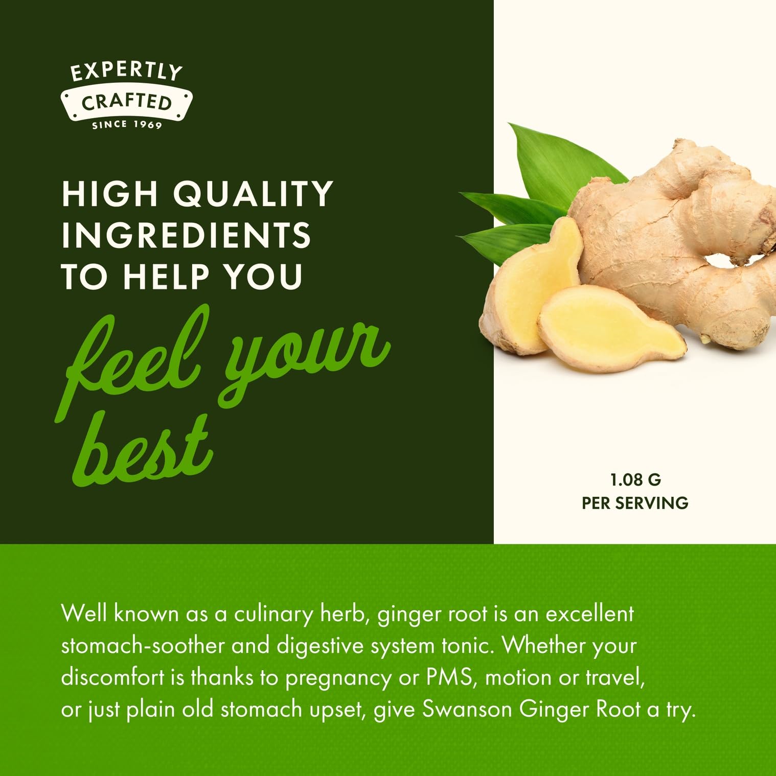 Swanson Premium Brand Ginger Root Capsules with a measuring spoon