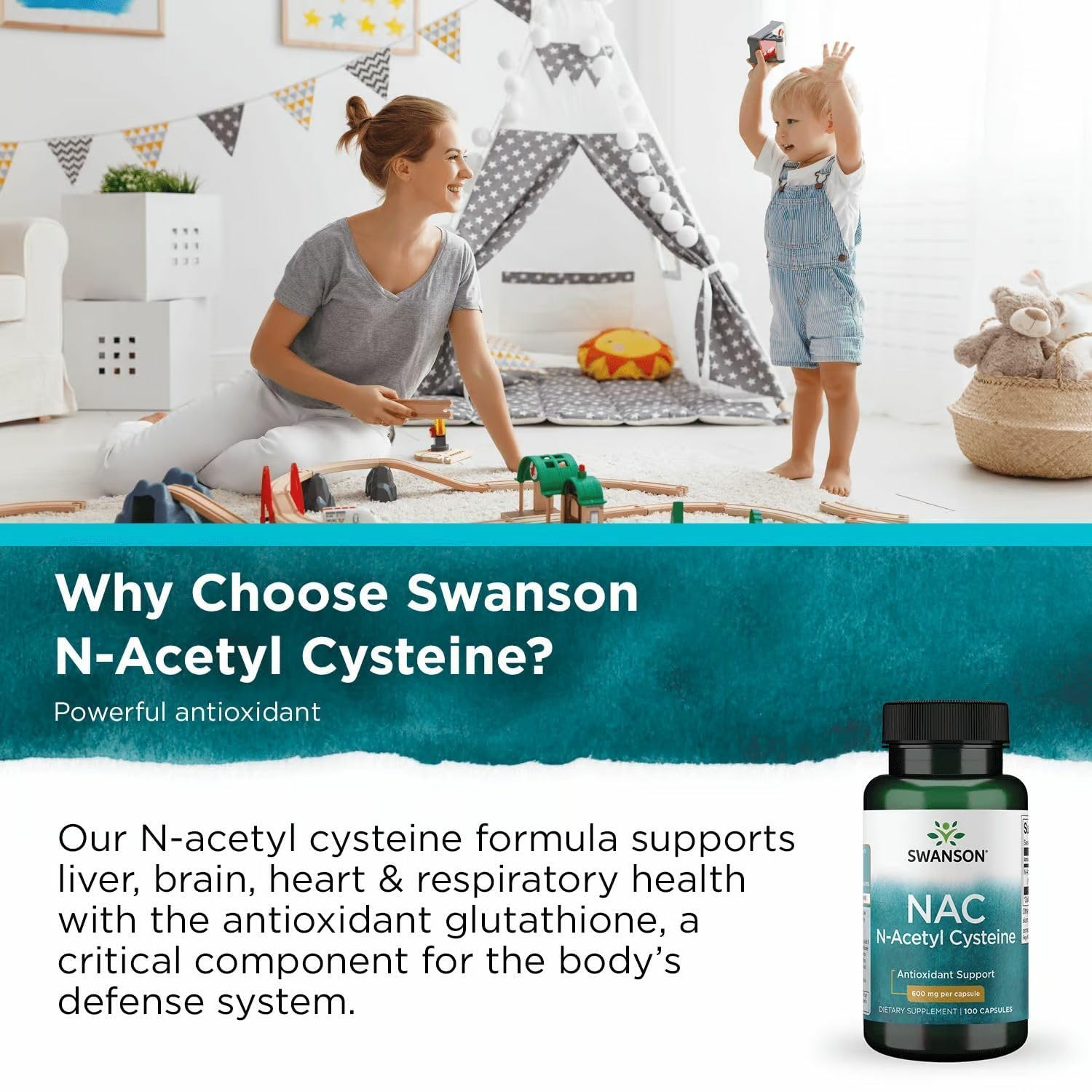 Swanson Premium N-Acetyl Cysteine 600mg capsules on a wooden table
