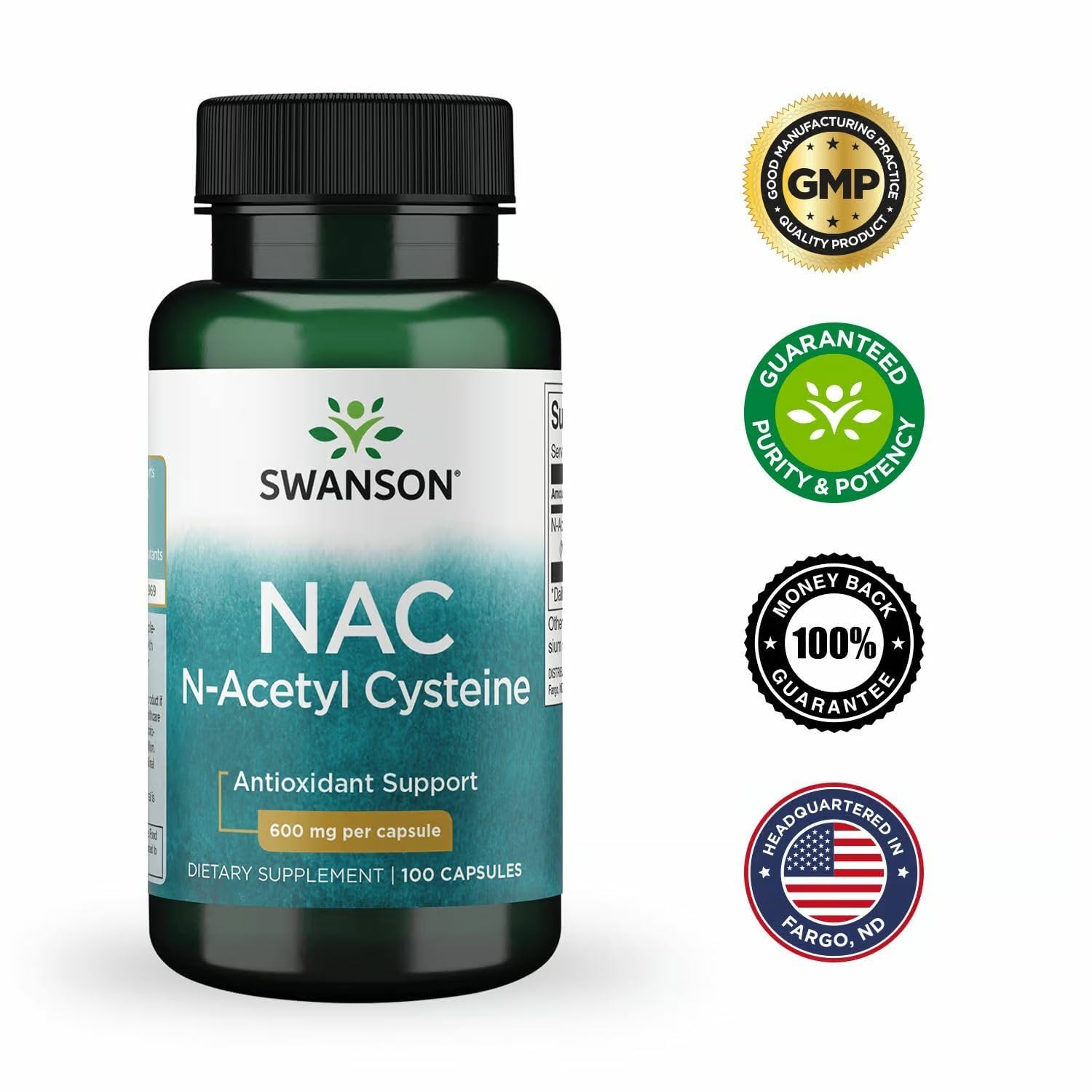 Swanson Premium N-Acetyl Cysteine 600mg capsules with measuring spoon