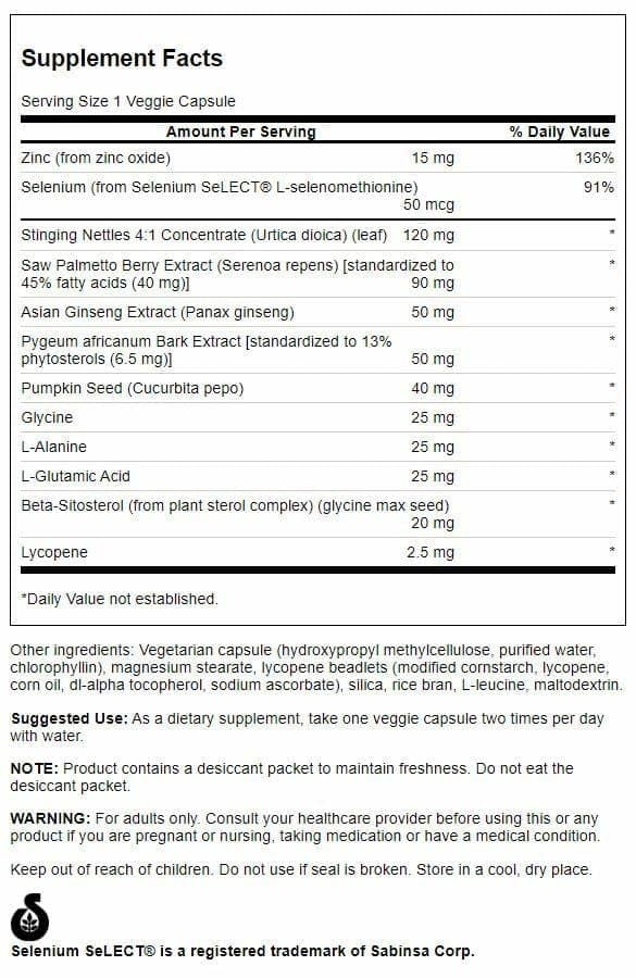 Swanson Prostate Essentials Plus bottle back view with ingredients list