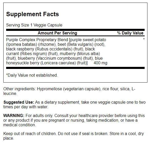 Swanson Purple Complex 400mg vegetarian capsules side view with packaging