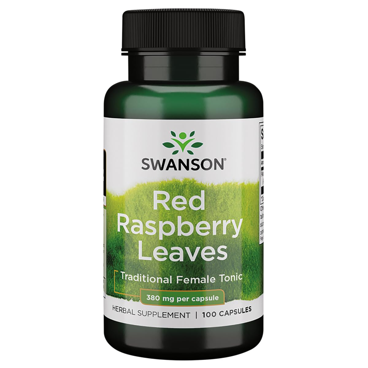 Swanson Red Raspberry Leaf Capsules 380mg front view with bottle label