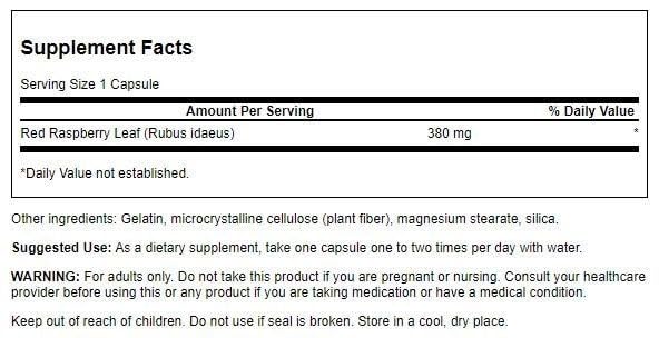 Swanson Red Raspberry Leaf Capsules 380mg side view showing capsule details