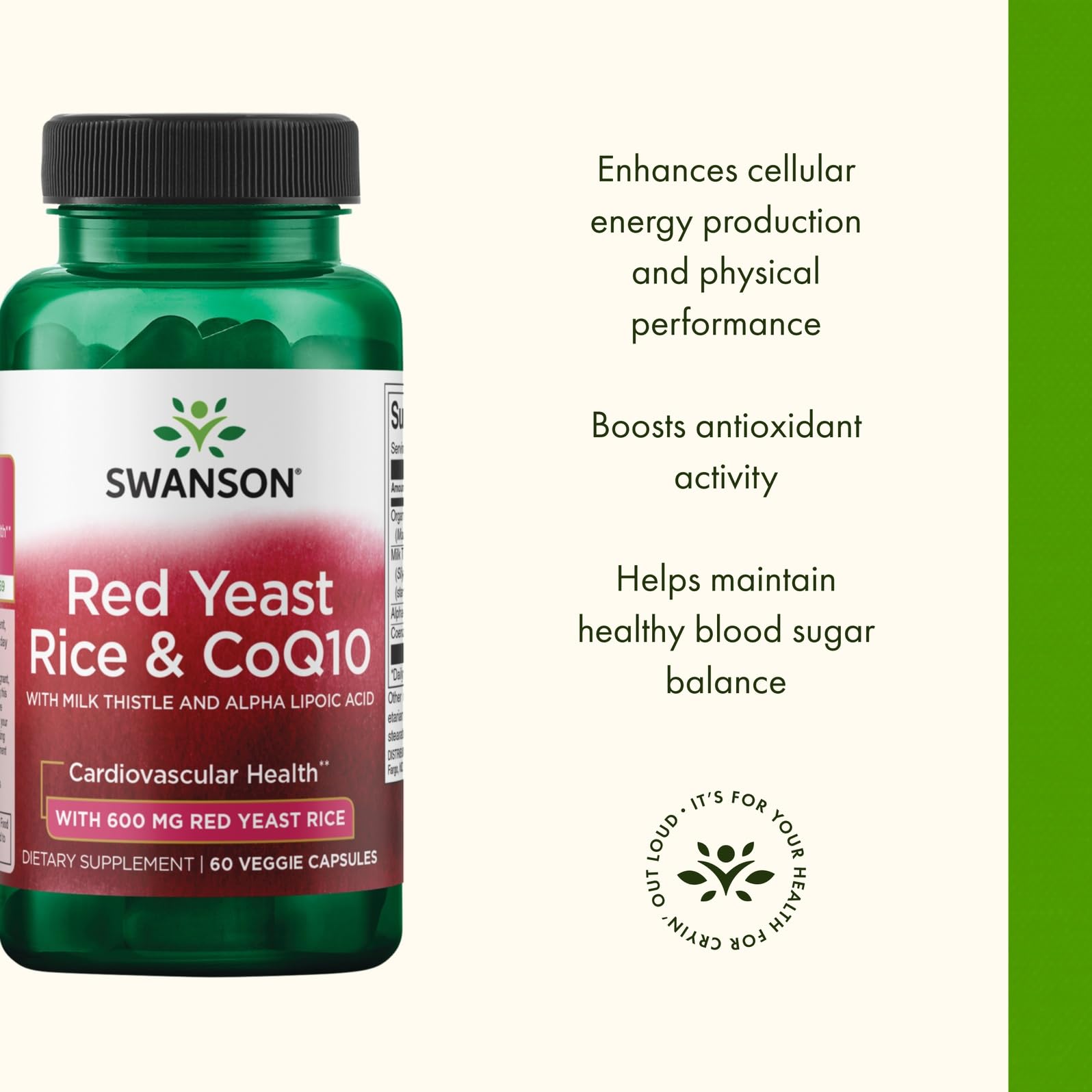 Swanson Red Yeast Rice 600mg Veggie Capsules on a wooden table