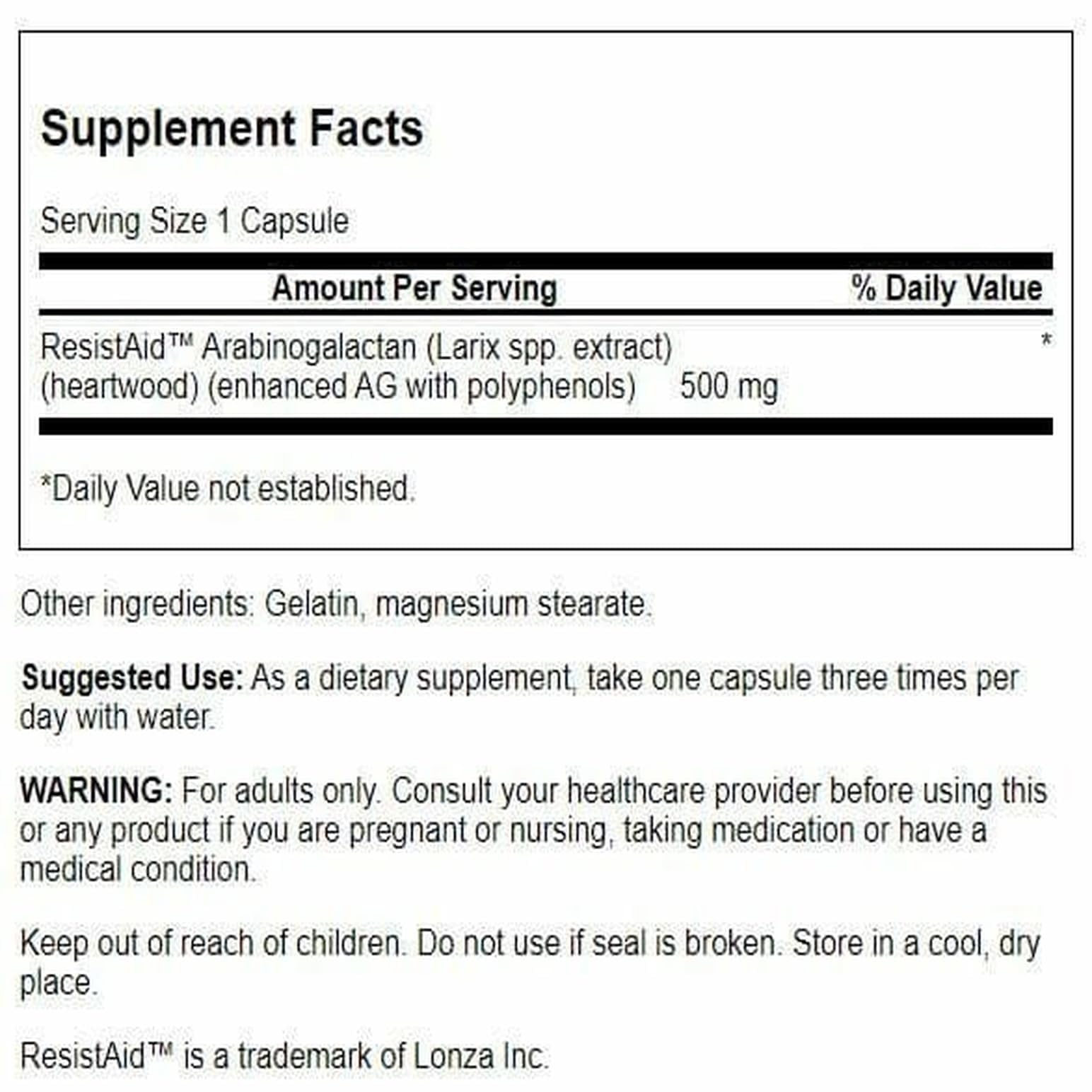 Swanson ResistAid Arabinogalactan 500mg Capsules back view