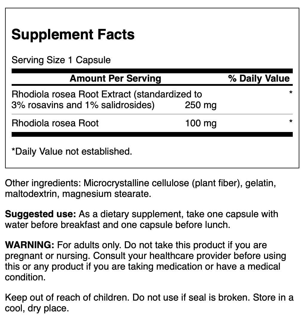 Swanson Rhodiola Rosea Root Extract 250mg capsules packaging side view