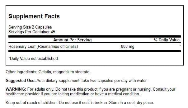 Swanson Rosemary Leaf Capsules 800mg bottle side view