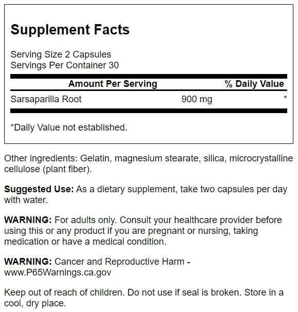 Swanson Sarsaparilla Root 900mg supplement capsules close-up