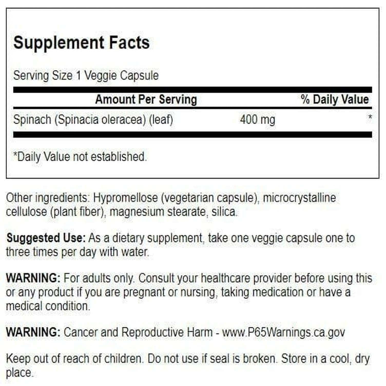 Swanson Spinach Capsules 400mg back view
