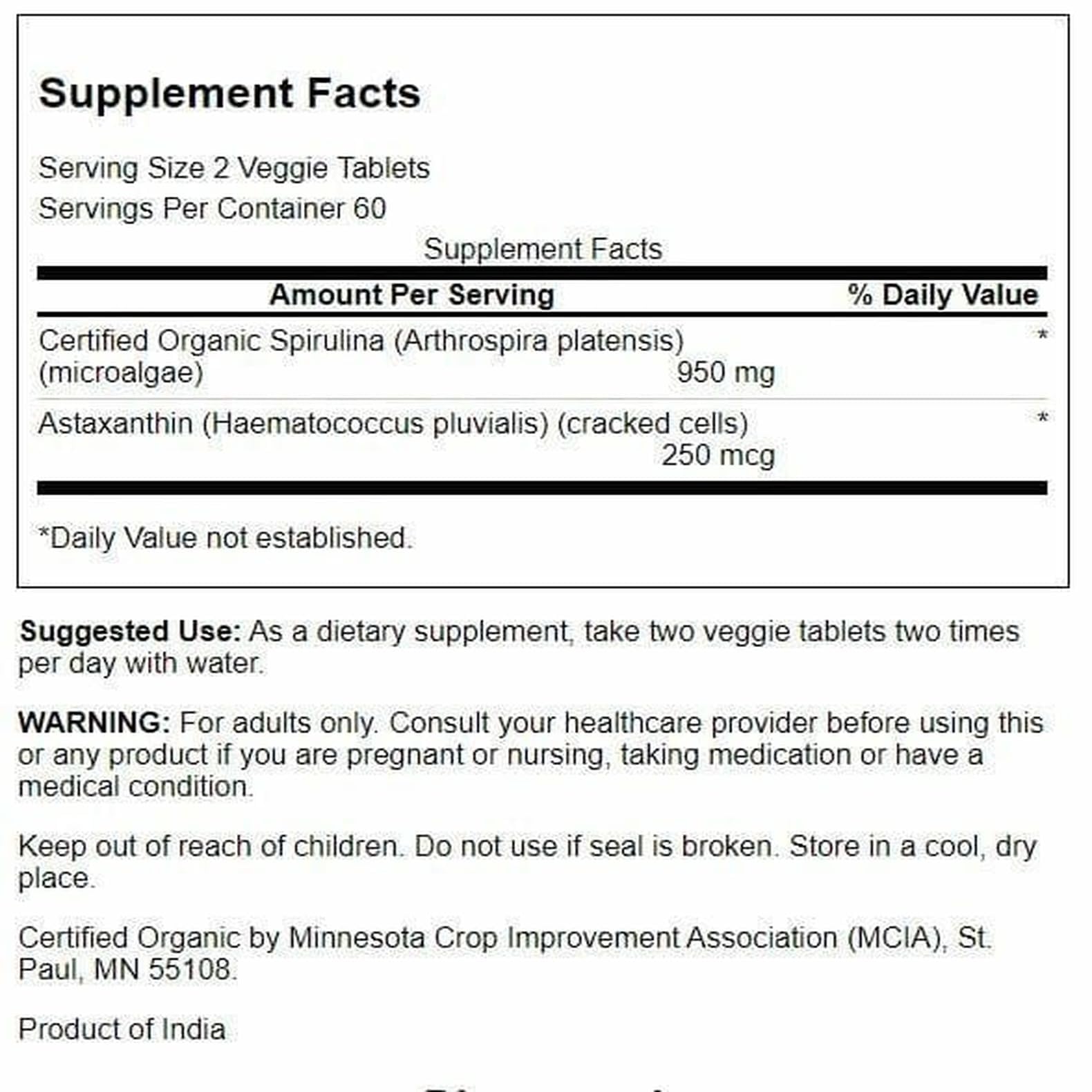 Swanson Spirulina 950mg supplement side view