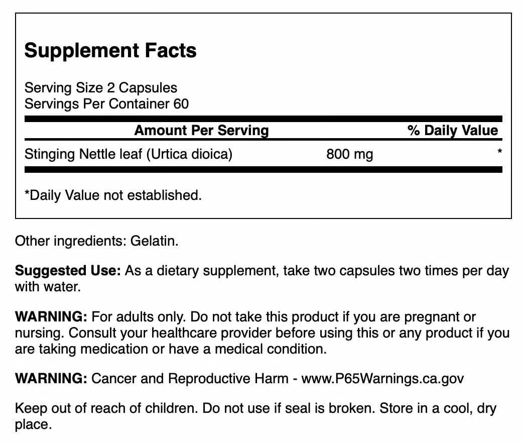 Swanson Stinging Nettle Leaf Extract 800mg capsules side view