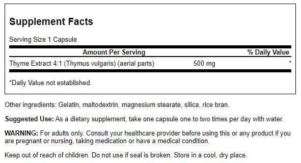 Swanson Thyme Leaf Supplement 500mg capsule bottle side view