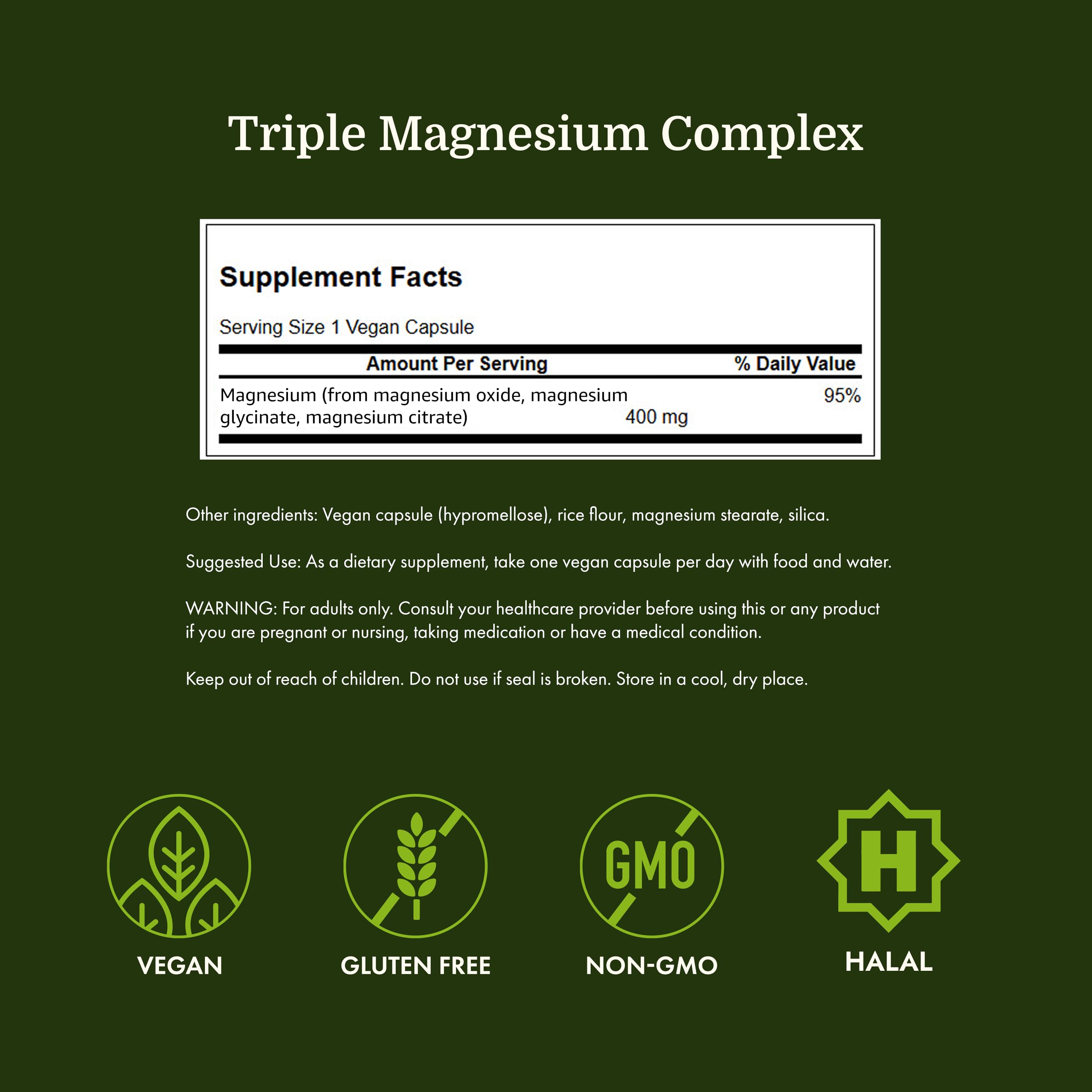 Swanson Triple Magnesium Complex 400mg capsules on a wooden surface