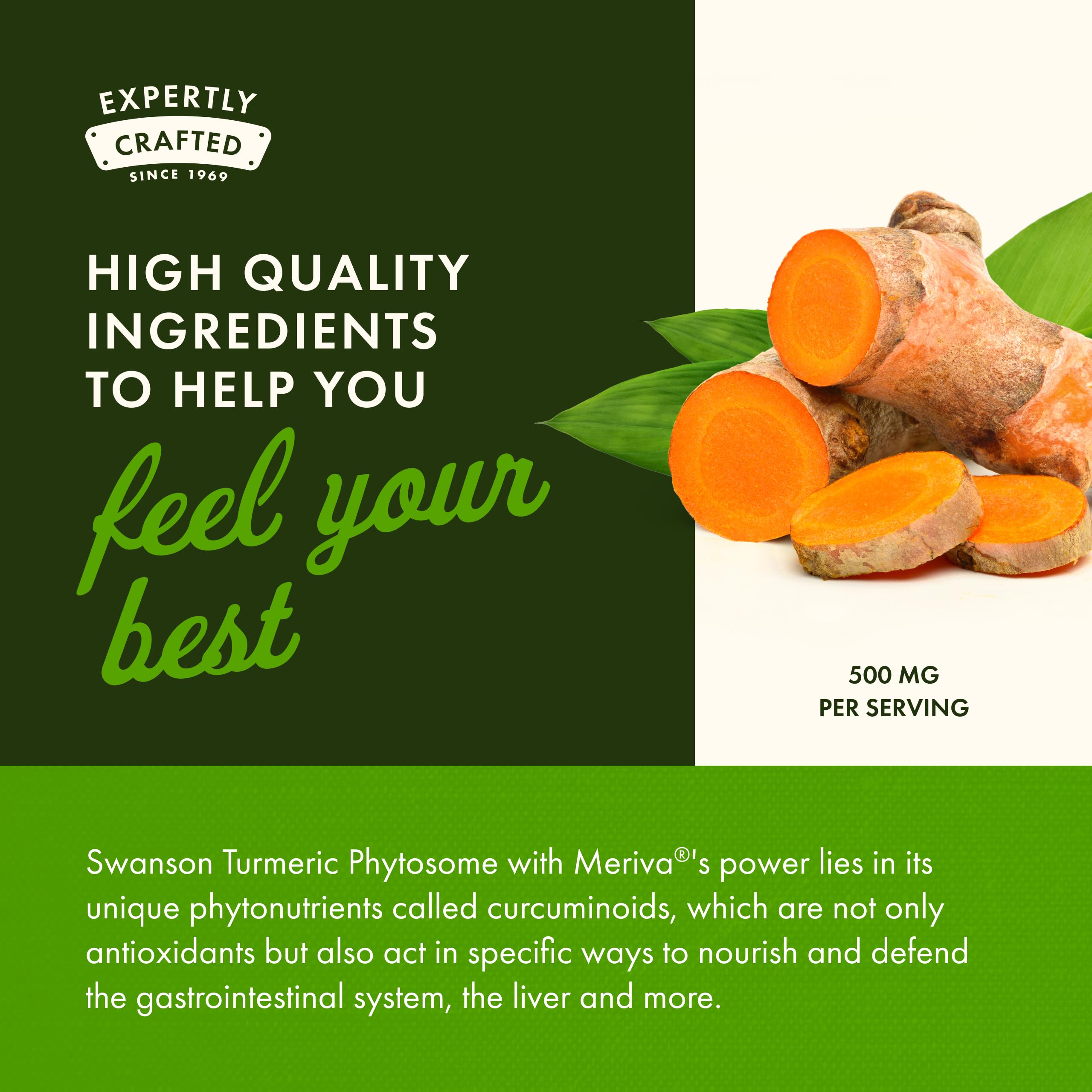 Swanson Turmeric Phytosome 500mg Capsules on a wooden table
