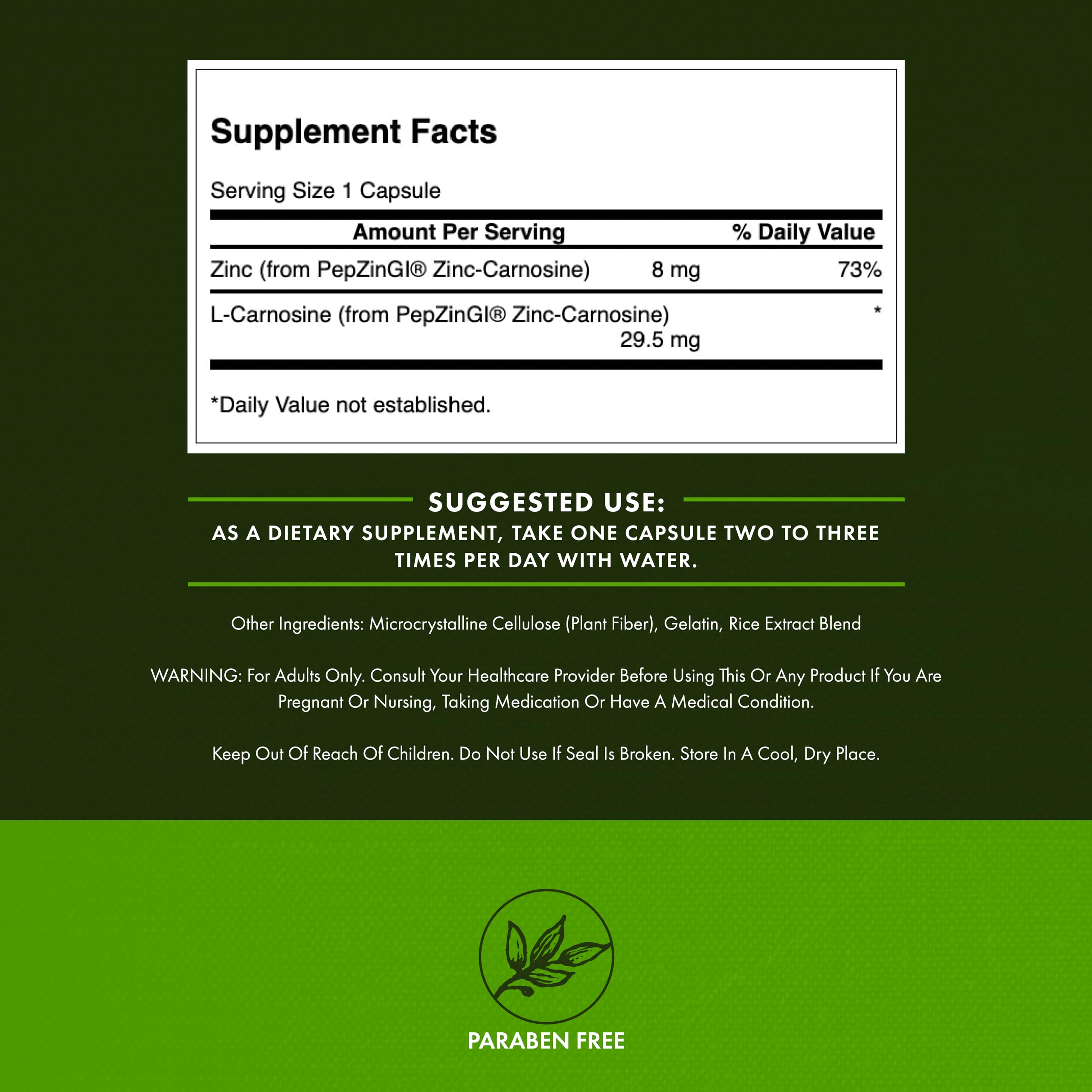 Swanson Ultra Zinc Carnosine dietary supplement back view