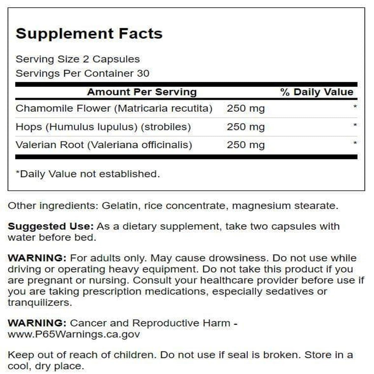 Swanson Valerian Chamomile Hops Capsules ingredients label