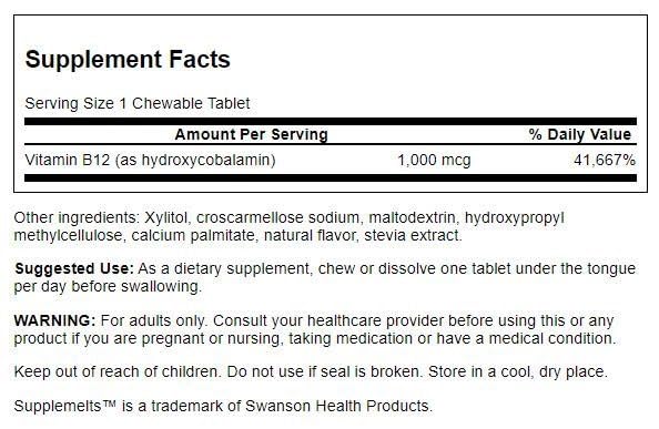 Swanson Vitamin B-12 Hydroxycobalamin 1000 mcg supplement side view