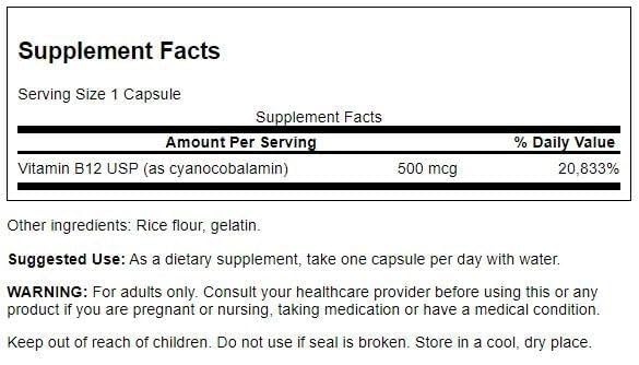 Swanson Vitamin B12 500mcg capsules packaging side view