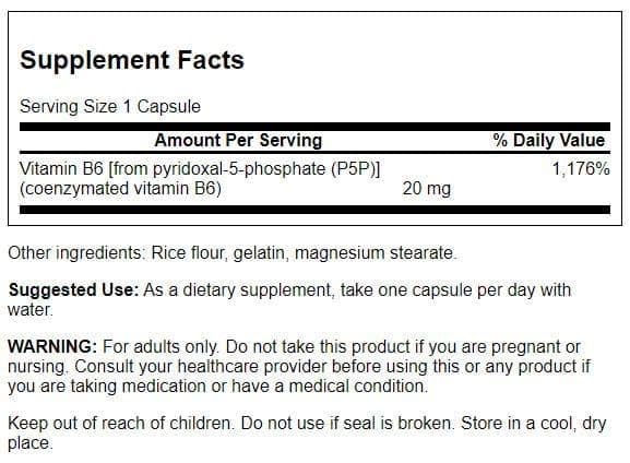 Swanson Vitamin B6 Pyridoxal Phosphate 20mg capsule back view