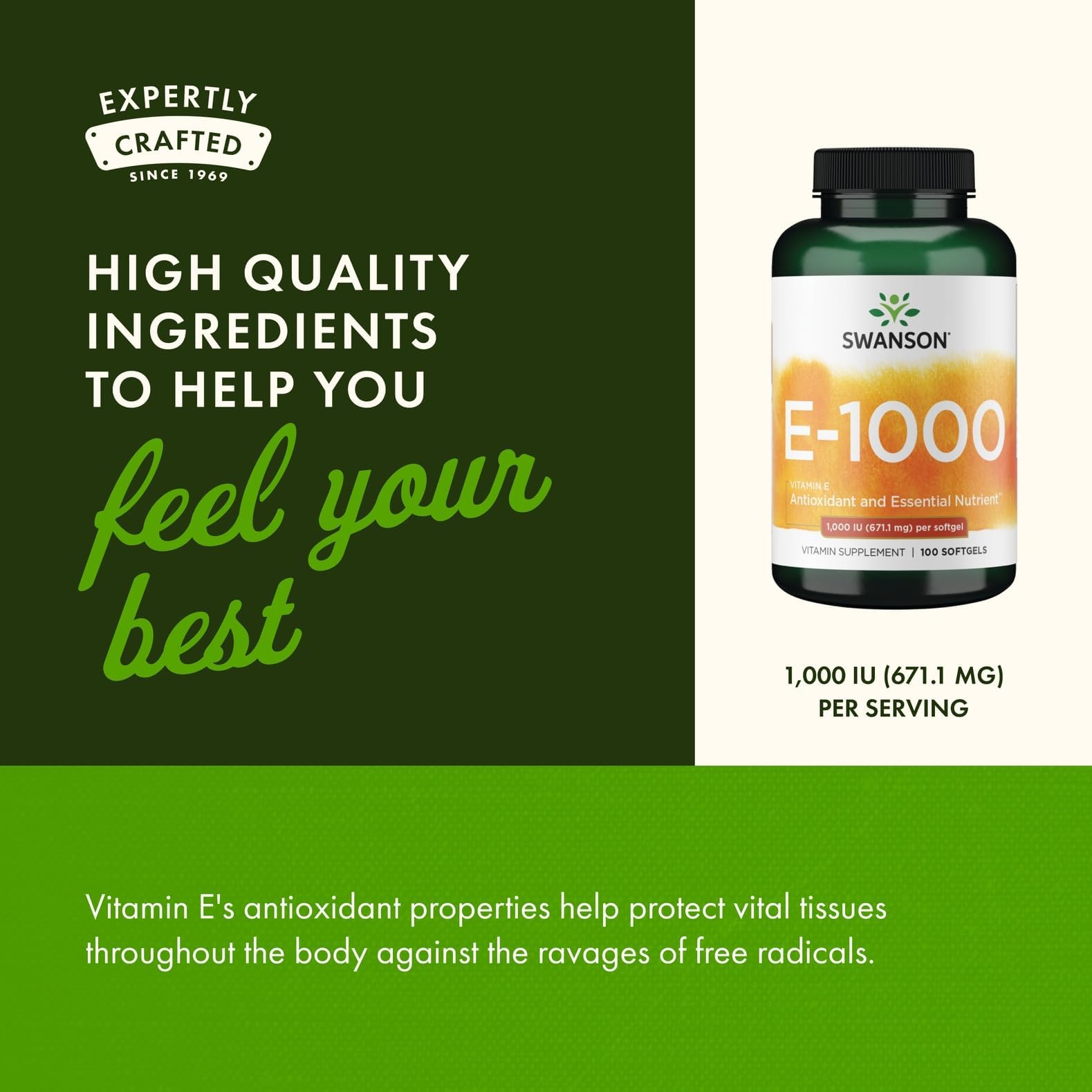 Swanson Vitamin E 671.1mg Softgel Capsules on a wooden table