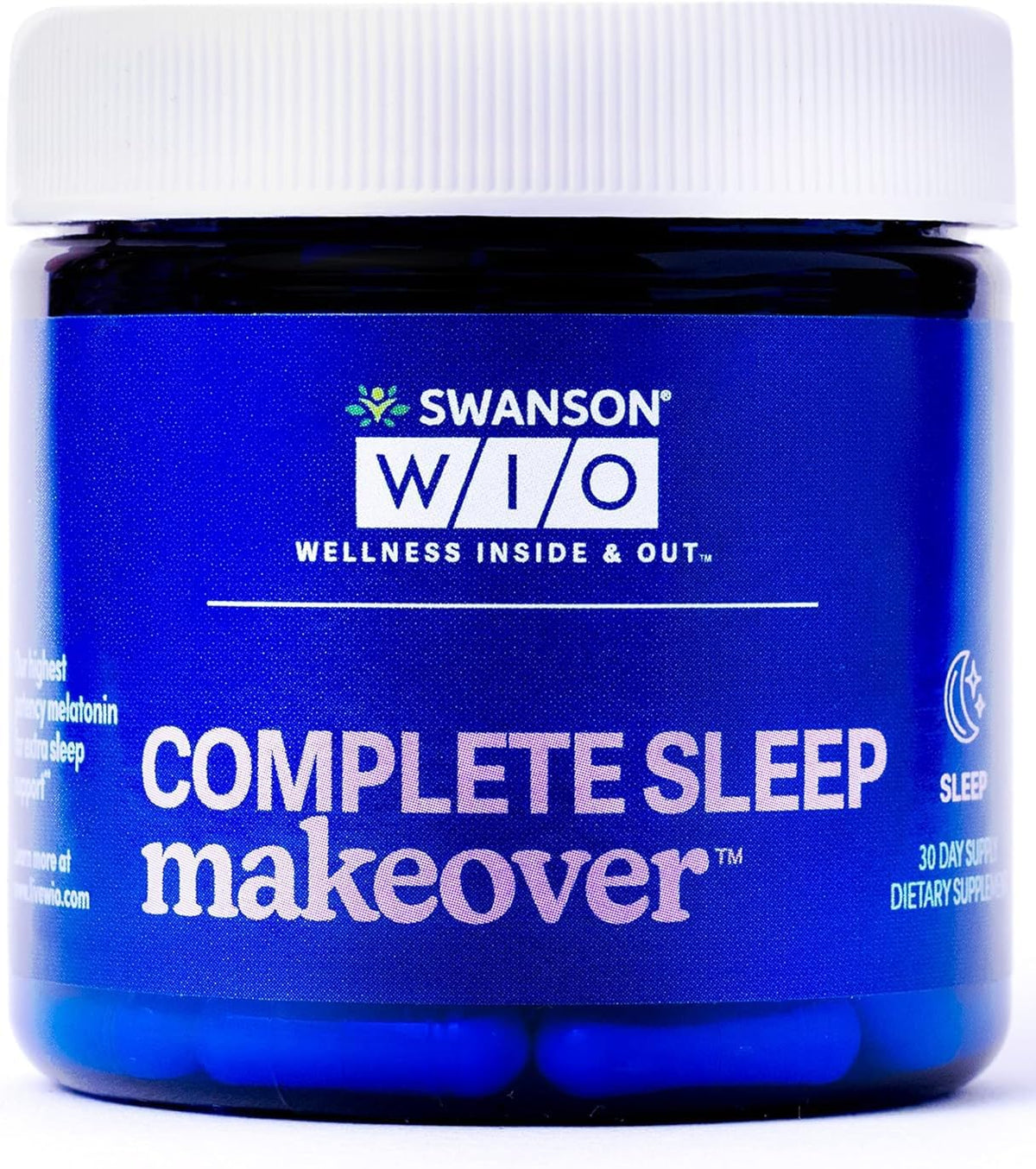 Swanson W/I/O Complete Sleep Makeover Melatonin 10 mg capsules front view
