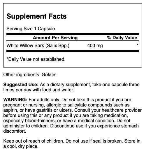 Swanson White Willow Bark 400mg supplement side view showing label