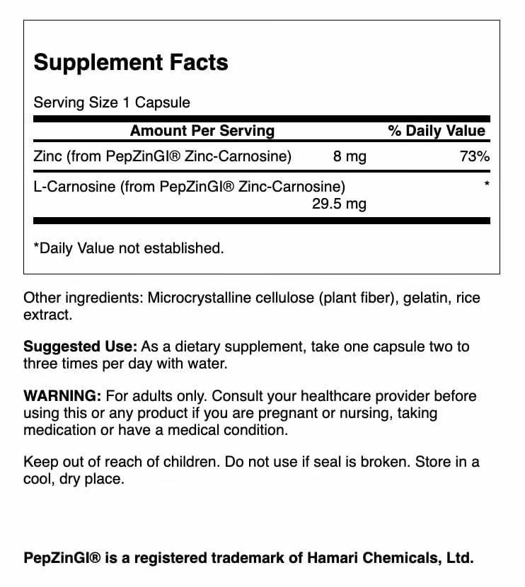 Swanson Zinc Carnosine supplement capsules close-up