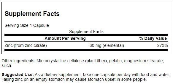 Swanson Zinc Citrate 30mg supplement side view with packaging