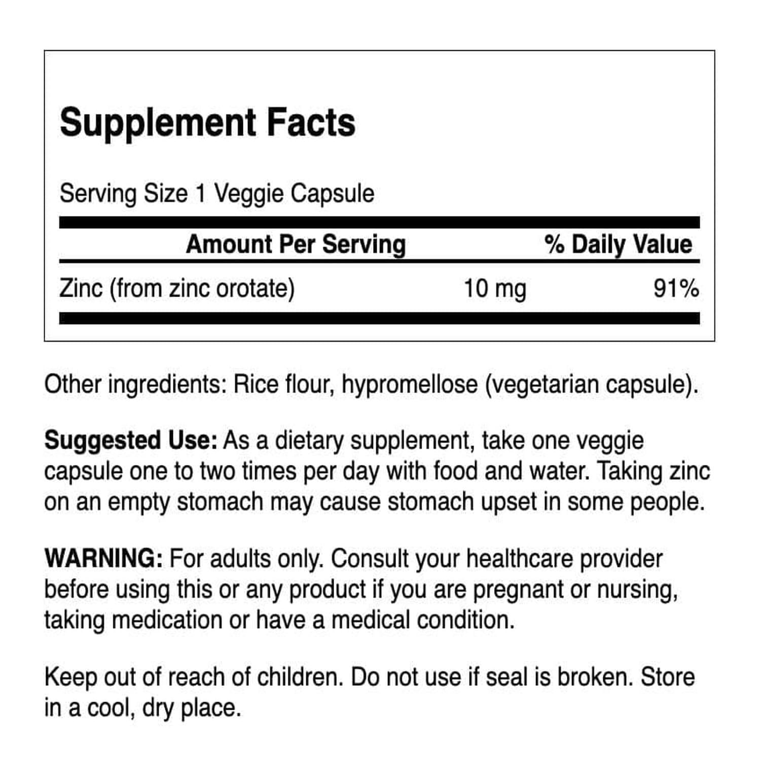 Swanson Zinc Orotate 10 mg vegetarian capsule side view