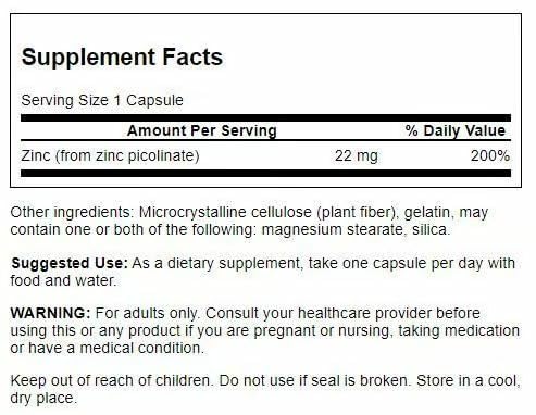Swanson Zinc Picolinate Capsules 22mg bottle with label