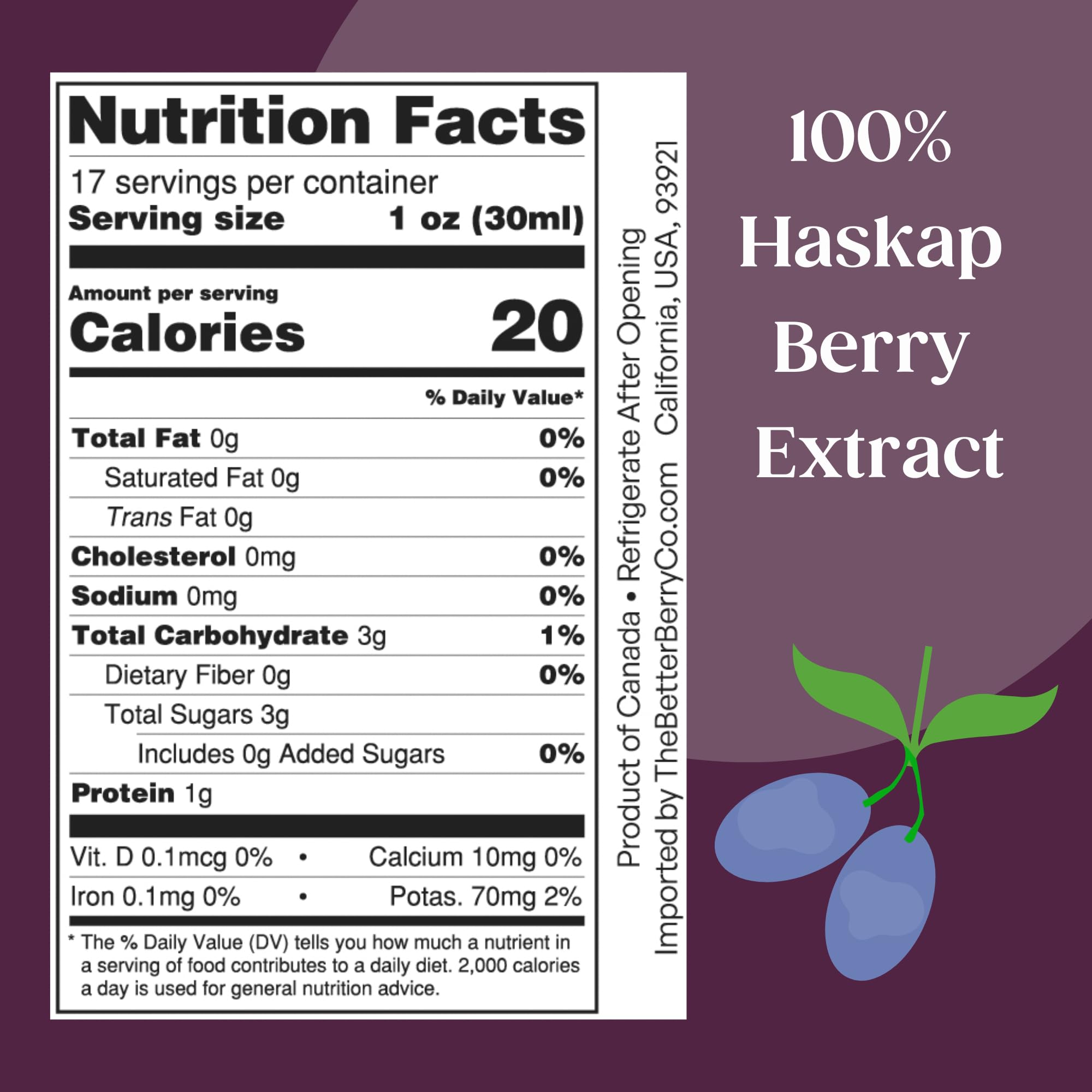 Sweet Prairie Haskap Berry Extract bottle with glass