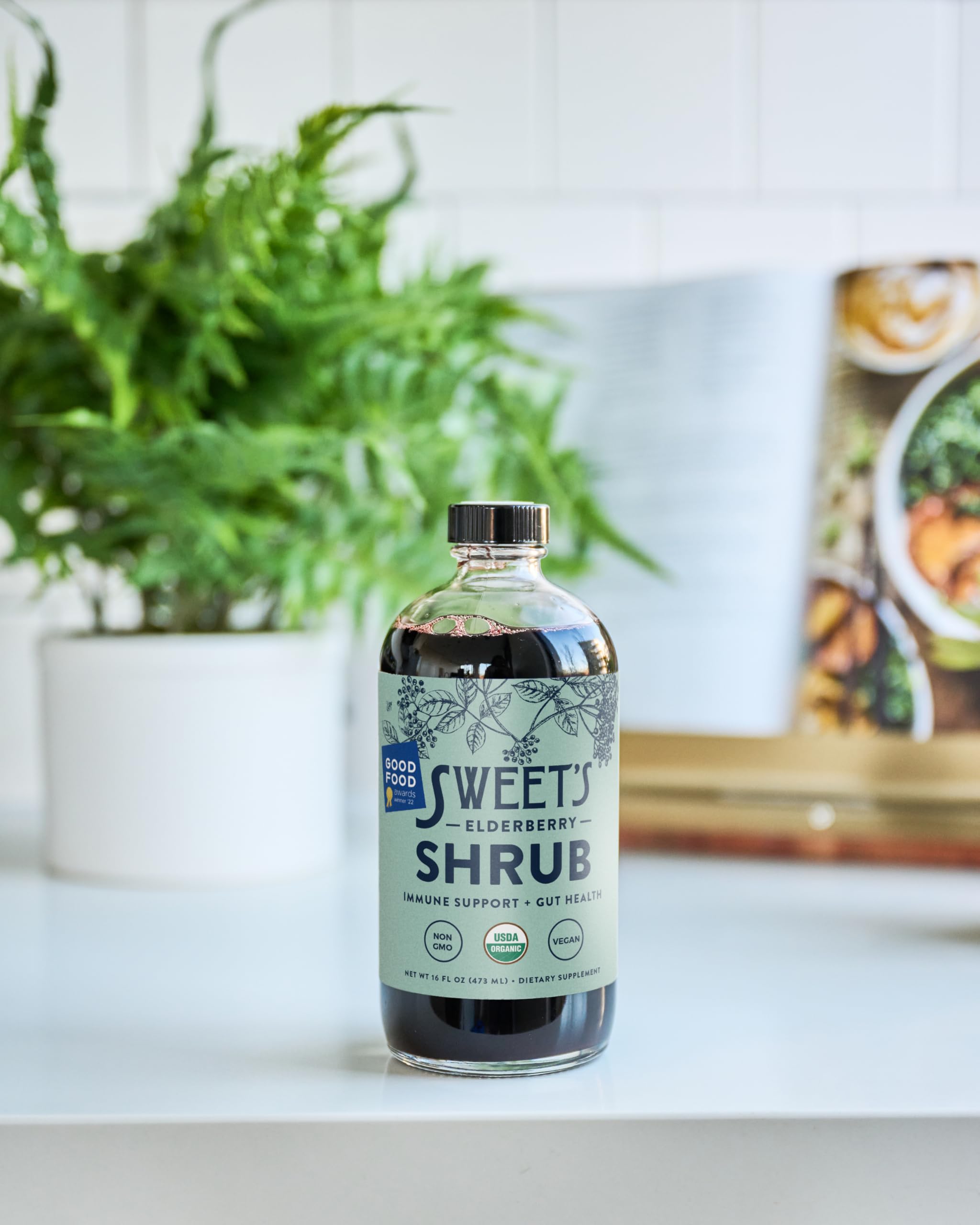 Sweet's Elderberry Organic Shrub 454g on kitchen counter