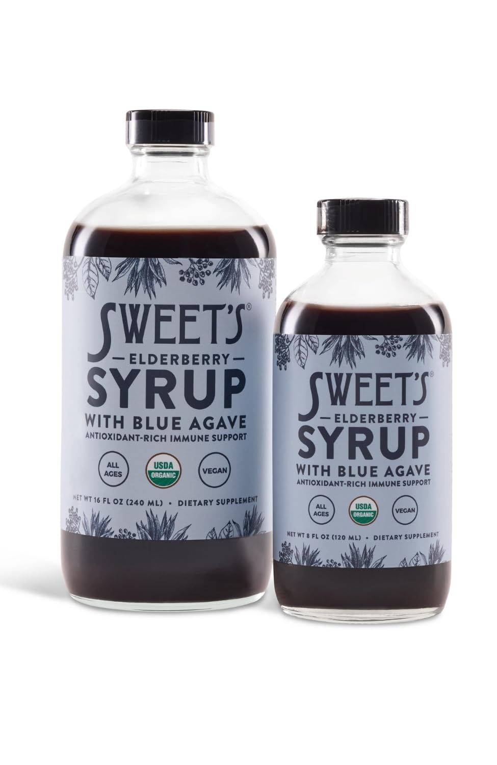 Sweet's Elderberry Syrup on a kitchen counter