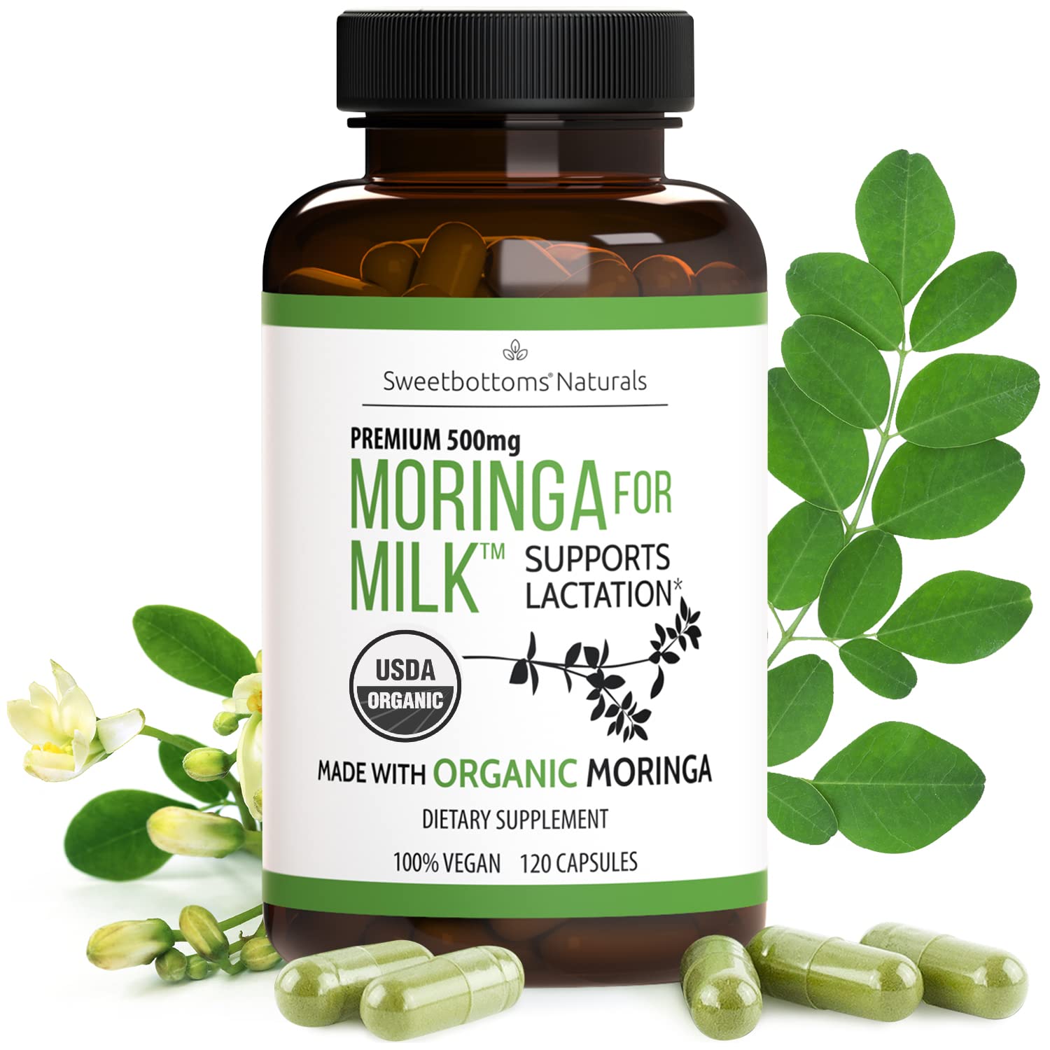 Sweetbottoms Moringa Capsules front view with packaging