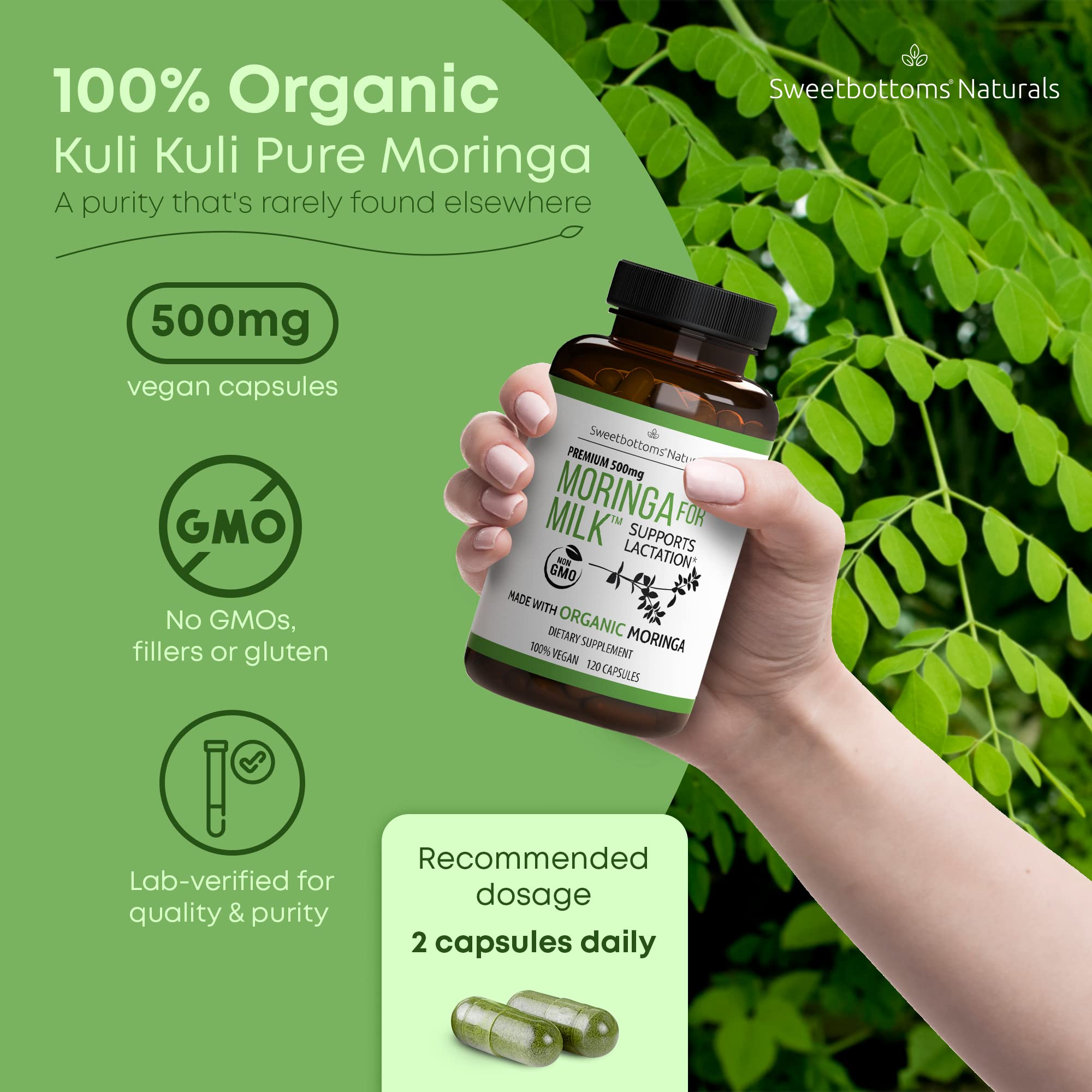 Sweetbottoms Moringa Capsules side view showing capsule size
