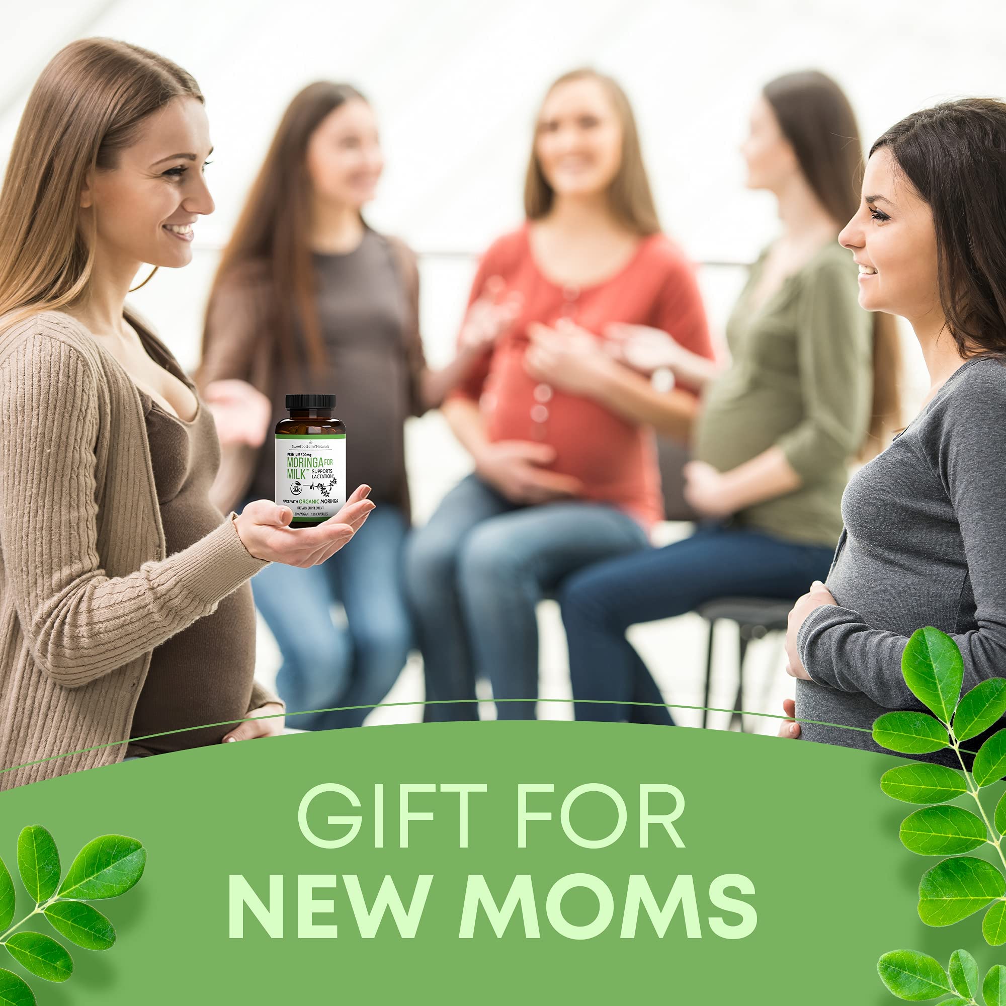 Sweetbottoms Moringa Capsules with fresh moringa leaves
