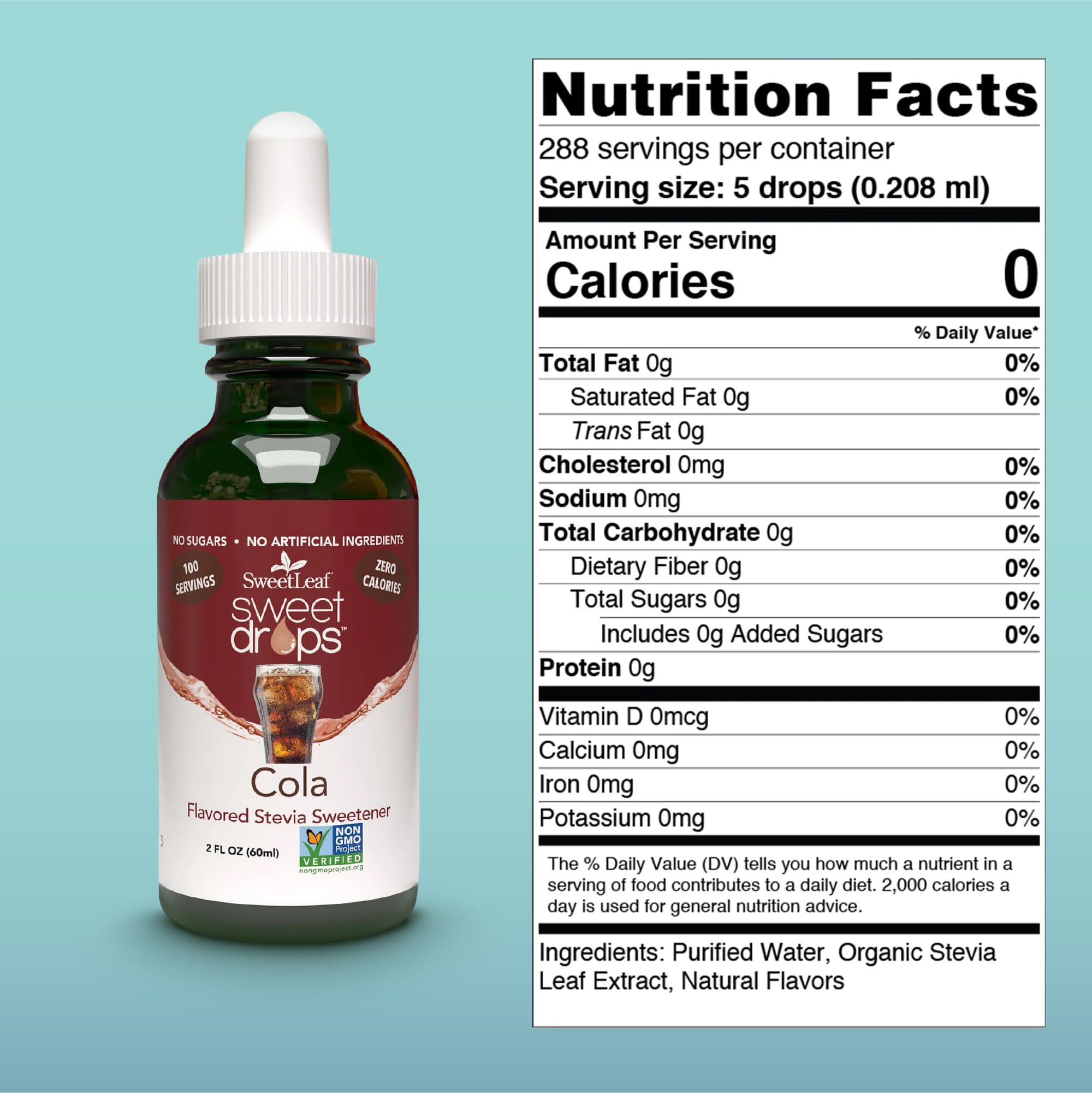 SweetLeaf Cola Sweet Drops back view with ingredients