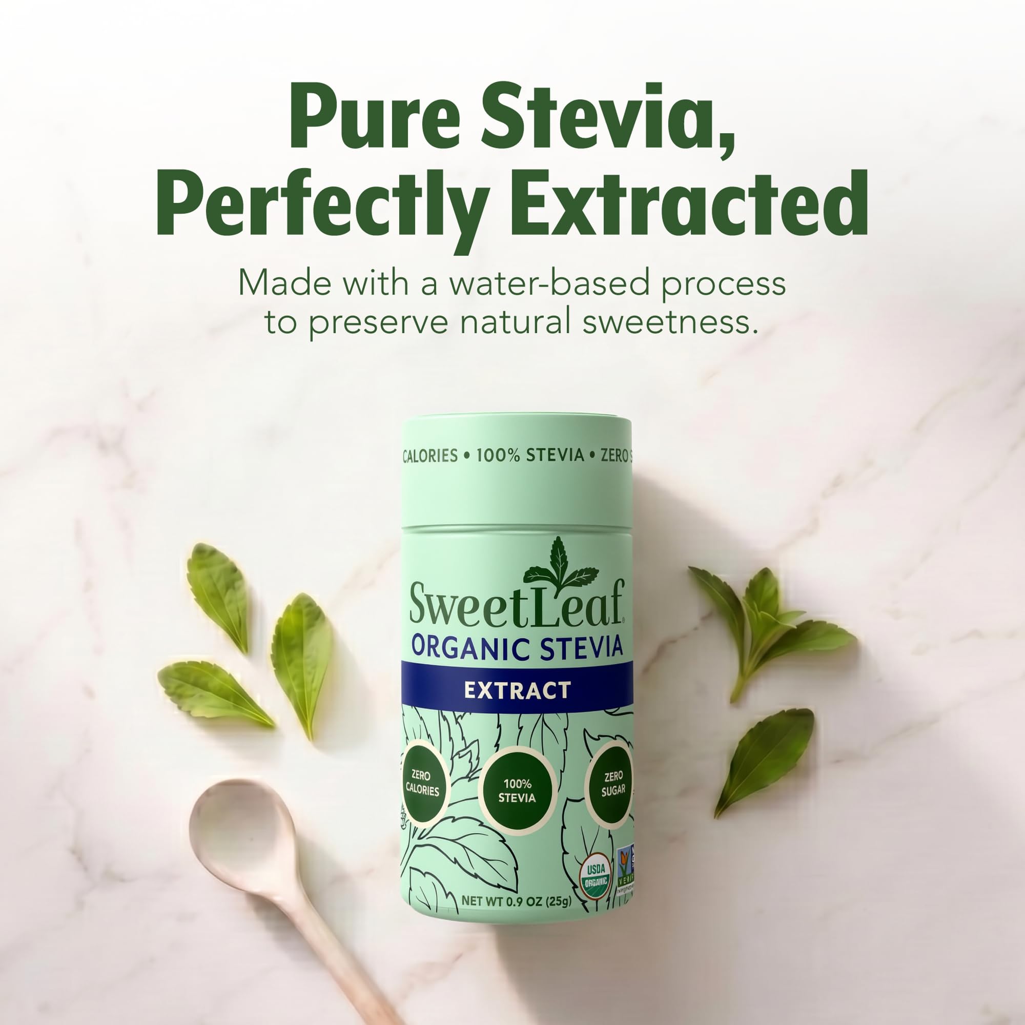 SweetLeaf Stevia Shaker Jar 91g in kitchen setting